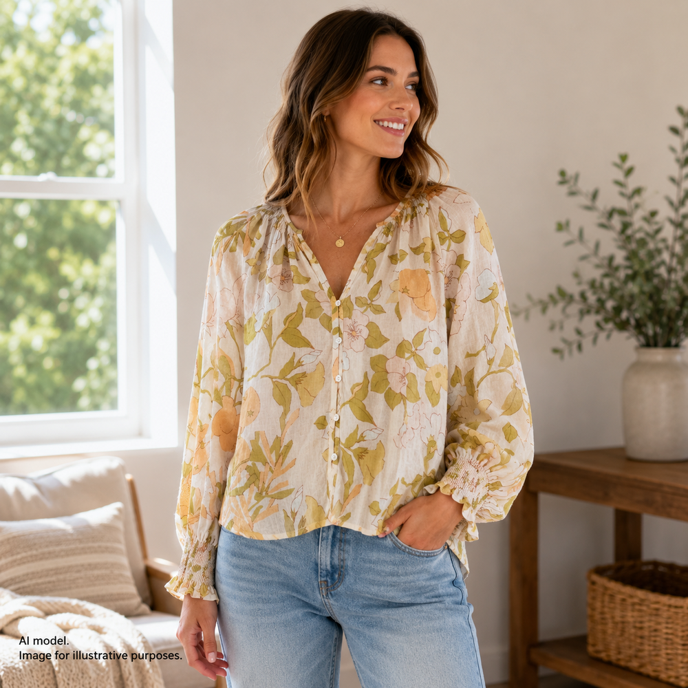 Rails Blouse Top Womens M Citrus Floral Linen Rayon Mariah Button V-Neck Boho
